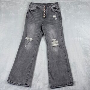 Womens Gray Distressed Wide Leg High Rise Button Fly Bootcut Jeans Size L